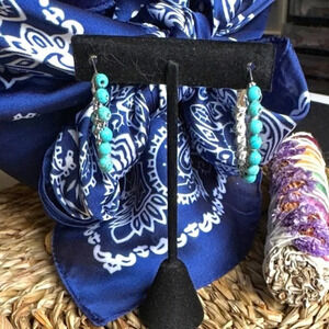 Turquoise Beaded Hoop Earrings — Silver Wire Wrap